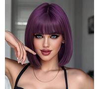 Perruque courte glamour violette, perruque carré court pour femme avec frange, perruque synthétique droite douce et résistante à la chaleur pour fête, cosplay, carnaval, 12 pouces Soie mate