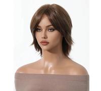 Perruque courte noire de 30 cm, coupe au carré mi-longue, en fibres synthétiques d'aspect naturel, idéale for une utilisation quotidienne ou festive. Effet naturel et Volumineux(Brown)