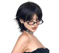 Perruque courte noire de 30 cm, coupe au carré mi-longue, en fibres synthétiques d'aspect naturel, idéale for une utilisation quotidienne ou festive. Effet naturel et Volumineux(Black)