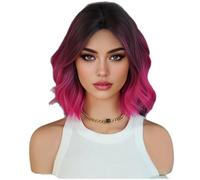 Perruque Courte Ombrée Rose Pour Femme, Perruque Ondulée Et Bou De 30 Cm, Raie Au Milieu, Aspect Naturel, Fibre Synthétique Résistante À La Chaleur, Idéale Pour Les Soirées Et Les Fêtes.