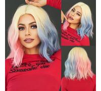 Perruque Courte OnduléE Bob,Perruque SynthéTique De Cosplay Ample Et BoucléE DéGradéE Rose Et Bleu De 14 Pouces,Perruques ColoréEs Pour Femmes