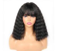 Perruque courte ondulée de 30 cm avec frange for femme, coupe au carré mi-longue, cheveux crépus bouclés, en fibres synthétiques, idéale au quotidien, densité 120.(Black Brown)