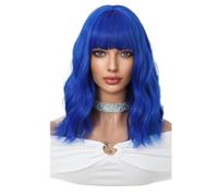 Perruque courte ondulée et bou for femme, avec frange, en fibres synthétiques résistantes à la chaleur, idéale for Halloween, le cosplay et le quotidien. Effet naturel et Volumineux(Blue)
