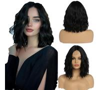 Perruque courte ondulée noire pour femme, longueur aux épaules, raie au milieu, bouclée, aspect naturel, en fibre synthétique résistante à la chaleur, 14 pouces