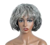 Perruque courte ondulée Remy brésilienne de 25 cm avec frange, perruque bob gris argenté for femme Effet naturel et Volumineux