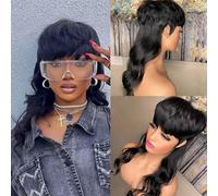 Perruque courte Pixie for femme, 16 pouces ondulée bouclée noire queue de loup cheveux humains avec frange perruque sans colle, convient for une utilisation quotidienne des fêtes des femmes