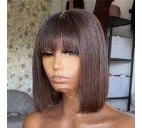 Perruque Courte Pour Femmes, Perruques De Cheveux Humains Lisses Avec Frange, Faux Cuir Chevelu