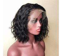 Perruque courte Remy avec dentelle frontale - 33 x 10 cm - Cheveux ondulés - Préépilées avec des cheveux de bébé - Cheveux profonds - Nœuds décolorés - Dentelle invisible ondulée - Vierge 25,4 cm
