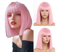 Perruque courte rose droite pour femmes, perruques avec frange, longueur d'épaule, perruque synthétique rose droite pour fête quotidienne (12 pouces)