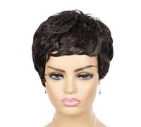 Perruque courte style pixie for femmes noires, perruque synthétique bou et ondulée avec frange, style permanent(Brown black)
