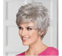 Perruque courte synthétique - SWROSE -Grise Elfe avec Frange, Naturelle et Frisée, Cheveux Synthétiques