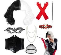 Perruque Cruella, 7 Pièces Déguisement Cruella Halloween Cosplay, Années 1970 Accessoires Perruque Cruella Femme Adulte avec Gants Rouges Vintage pour Halloween Carnaval Cosplay