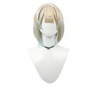 Perruque d'anime pour cosplay, Idol - Or clair mélangé - Perruque en couches avec frange - Perruque courte et droite - Résistante à la chaleur - Pour cosplay - Doré clair mélangé bleu