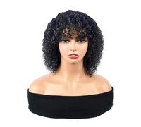 Perruque de 25 cm en cheveux humains avec frange for femmes noires, perruque courte bou ondulée sans colle, sans dentelle, noir naturel Postiche Cheveux Femme