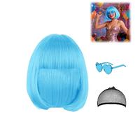 Perruque de carnaval pour femme - Perruque courte avec filet à cheveux et lunettes colorées - Fibre synthétique résistante à la chaleur - Pour carnaval, cosplay, fête à thème