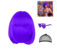 Perruque de carnaval pour femme - Perruque courte avec filet à cheveux et lunettes colorées - Fibre synthétique résistante à la chaleur - Pour carnaval, cosplay, fête à thème