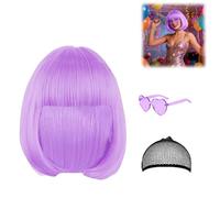 Perruque de carnaval pour femme - Perruque courte avec filet à cheveux et lunettes colorées - Fibre synthétique résistante à la chaleur - Pour carnaval, cosplay, fête à thème