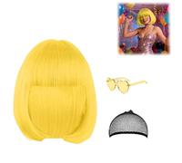 Perruque de carnaval pour femme - Perruque courte avec filet à cheveux et lunettes colorées - Fibre synthétique résistante à la chaleur - Pour carnaval, cosplay, fête à thème