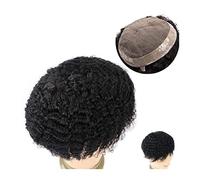 Perruque de cheveux afro ondulés pour homme - Durable - Mono-bouclé - 120 % de cheveux humains indiens #1B - Système de remplacement de la tête de perruque (1B 6 mm Wave 120 %, 6 x 8)