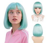 Perruque de cheveux courts courts droits avec franges plates synthétique colorée cosplay fête quotidienne pour femme (turquoise, 30 cm)