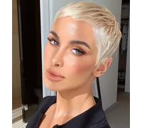 Perruque de cheveux courts pour femmes, perruque elfe blonde, aspect naturel superposé avec frange, perruque en fibre résistante à la chaleur, adaptée aux femmes, fête quotidienne Halloween utiliser