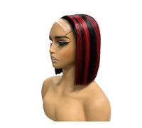 Perruque de cheveux humains avant en dentelle droite de 8 pouces for femmes, densité 200, perruques Bob à reflets Aspect naturel(Black with red,2x6)