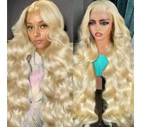Perruque de cheveux humains blonds avec dentelle frontale transparente 33 x 10,2 cm, perruque ondulée 613 % densité 100 % cheveux brésiliens vierges non traités avec des cheveux de bébé naissance