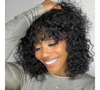 Perruque de cheveux humains courts bouclés avec frange - Cheveux humains brésiliens vierges avec frange - Sans colle - Densité de 180 % - Noir naturel - 30,5 cm