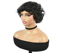 Perruque de cheveux humains courts bouclés avec frange, perruques sans colle de 6 pouces for femmes 100 grammes Hair Extensions Pièces Wigs(Natural Black)