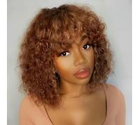 Perruque de cheveux humains courts colorés Pixie Afro Kinky Curly Bob avec frange pour femmes cheveux brésiliens Ombre Brown Machine complète-12 pouces-Ombre Brown