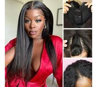 Perruque de cheveux humains crépus lisses en V for femmes noires, perruque Yaki V Part, cheveux humains améliorés, U Part, sans colle, tête complète, demi-perruque en forme de V, perruque Yaki lisse d