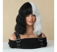 Perruque de cheveux humains haut de gamme, Boucles ondulées noires et blanches for femmes (avec frange) Perruque du diable for femmes, aspect naturel et port confortable