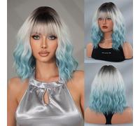Perruque de cheveux humains haut de gamme, Perruque courte bouclée avec frange for femme - Fibre synthétique résistante à la chaleur, aspect naturel et port confortable(Salt water blue)