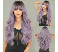 Perruque de cheveux humains haut de gamme, Perruque longue ondulée gris violet for femmes Cosplay fête quotidienne teinture aérienne perruques ondulées, aspect naturel et port confortable(Purple)