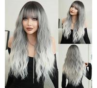 Perruque de cheveux humains haut de gamme, Perruque longue ondulée gris violet for femmes Cosplay fête quotidienne teinture aérienne perruques ondulées, aspect naturel et port confortable(Off-White)