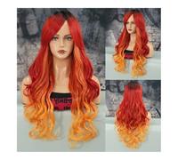 Perruque de cheveux humains haut de gamme, Perruque sirène habiller cheveux longs bouclés glace bleu dégradé sirène Cosplay perruque, aspect naturel et port confortable(Mermaid red orange)