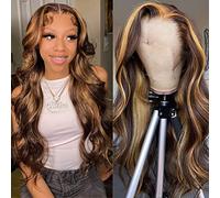 Perruque de cheveux humains ombrés avec dentelle frontale 4/27 avec mèches blond miel 33 x 10,2 cm HD transparent avec dentelle frontale - Perruques pré-épilées sans colle pour femme - Densité de 150