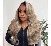Perruque de cheveux humains ombrés blond cendré clair avec dentelle frontale de densité de 210 % - Cheveux blonds au lait avec croissance naturelle - Racines brunes - 33 x 10 cm - Perruque ondulée HD