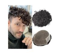 Perruque de cheveux humains pour hommes à l'aspect Remplacement de cheveux humains en dentelle et Pu, boucles de 25mm, système capillaire for hommes, prothèse capillaire confortable(Off Black+30% Grey