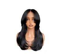 Perruque de cheveux humains pré-épilés avec frange de rideau en couches - Sans colle - Dentelle transparente HD - 180 % raide - Perruque pour femme (12,7 x 12,7 cm, couleur noire naturelle, 40,6 cm)