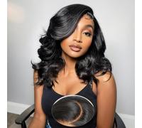 Perruque de cheveux humains pré-épilés pré-coupés avec frange de rideau en C - 15,2 x 15,2 cm - Densité de 220 degrés - Sans colle - Pour femme noire - 40,6 cm
