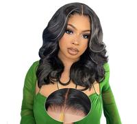 Perruque de cheveux humains pré-épilés pré-coupés avec frange de rideau superposée - 15,2 x 15,2 cm - Densité de 220 degrés - Prête à porter - Cheveux humains sans colle - Pour femme noire - 40,6 cm