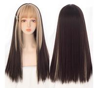 Perruque De Cheveux Longs Et Raides Teints Avec Frange Dorée Pour Femme - Couleur Dégradée Naturelle - Résistante À La Chaleur - Perruque Grise Pour Femme (Bug 24")