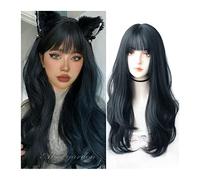 Perruque de Cheveux Longue perruque noire avec frange, perruques de cheveux naturels for femmes perruque bouclée ondulée douce perruque synthétique résistante à la chaleur for une utilisation quotidie