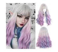 Perruque de Cheveux Perruque Synthétique Longue Ondulée Bouclée avec Frange, Perruque Cosplay Lolita Ondulée Multicolore, Perruque Synthétique Résistante à la Chaleur Argent Blanc Dégradé Violet Bleu