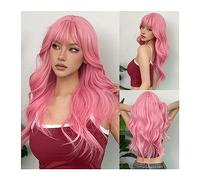 Perruque de Cheveux Perruques de cheveux synthétiques longs ondulés rose clair Cosplay avec frange for les femmes blanches Afro Lolita vague d'eau Halloween perruque résistante à la chaleur Perruques