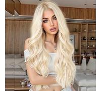 Perruque de cheveux synthétiques longs et bouclés avec dentelle frontale - Blond platine - 66 cm - Pour femme noire - Drag Queen