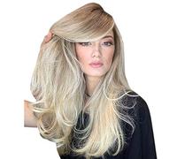 Perruque de cheveux synthétiques longs et naturels à dégradé de couleurs mélangées pour femme avec boucles dorées et vagues - Entièrement synthétique durable - Pour un look naturel
