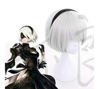 Perruque de cosplay 2B NieR: Automata 2B YoRHa courte perruque de cheveux synthétiques Bobo gris argenté 2B perruque de carnaval d'Halloween cosplay + casquette de perruque autre perruque et chapeau