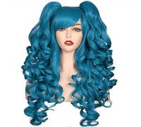 Perruque de cosplay bou longue de 24 pouces avec 2 queues de cheval Effet naturel et Volumineux(Dark Blue)